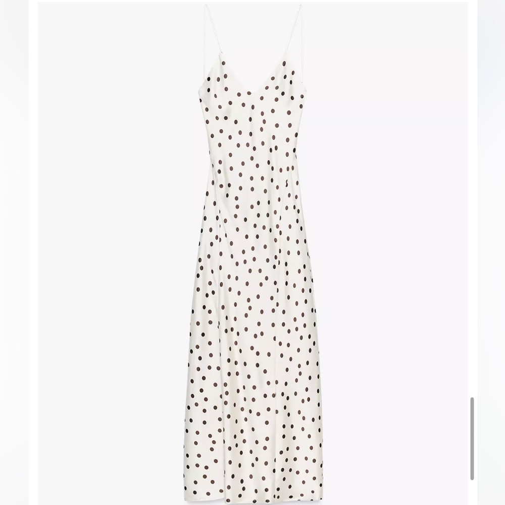 Zara NWT satin polka dot midi dress white with brown 3067/214 - Picture 12 of 16